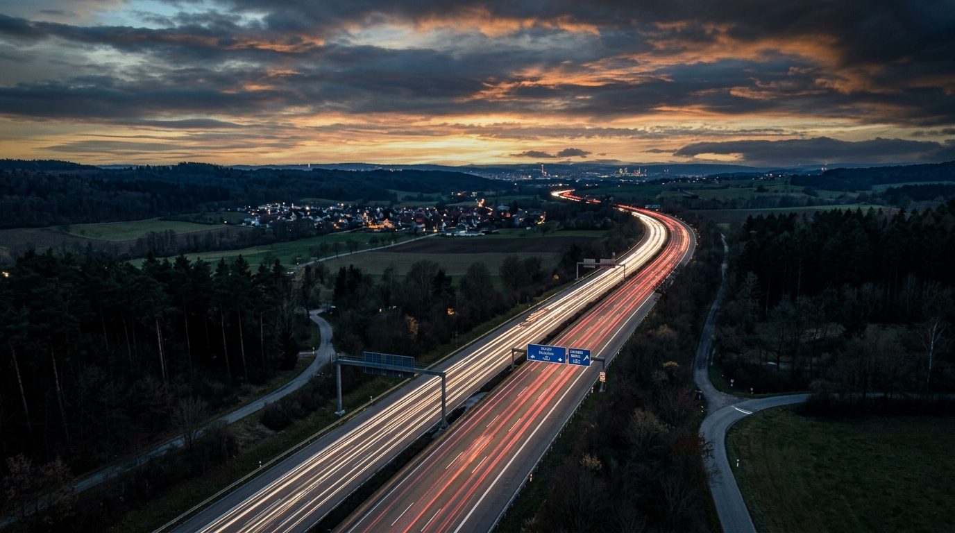 Autobahn in Deutschland bei Abenddämmerung