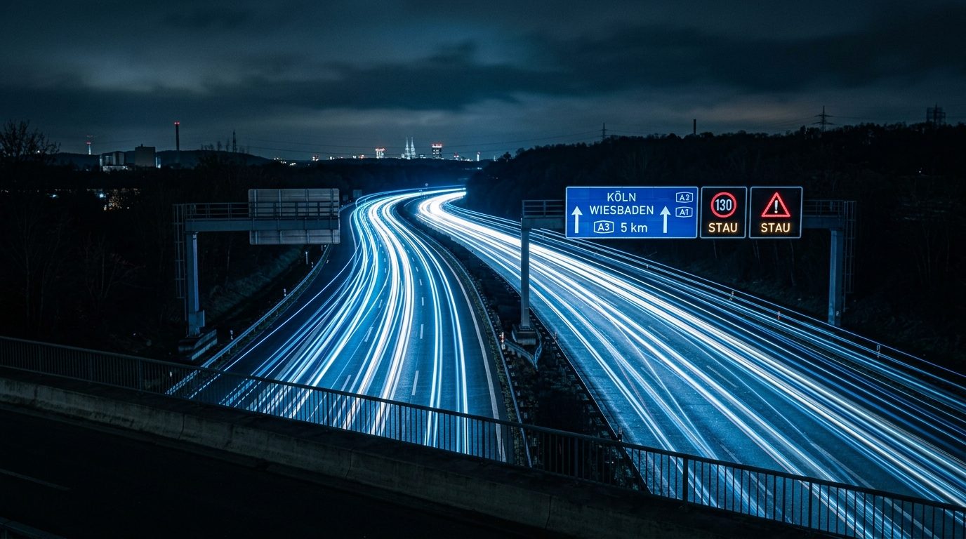 Deutsche Autobahn bei Nacht mit Lichtspuren